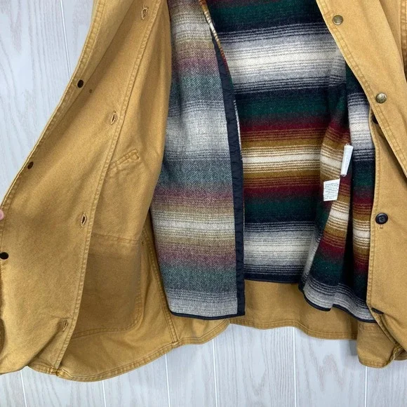 Woolrich Mens VTG Chore Jacket Tan Canvas Leather Collar Striped Lined L - Picture 6 of 9